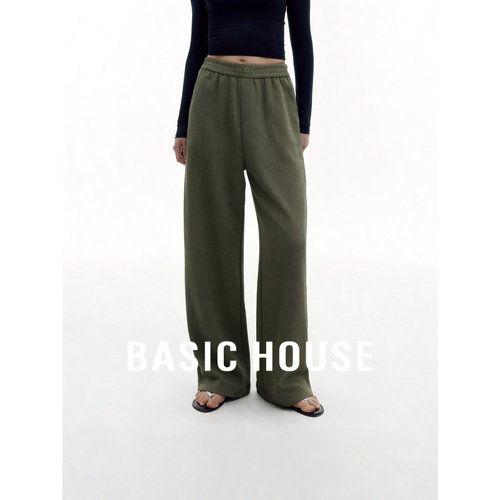 Basic House/百家好慵懒风高腰阔腿裤女松紧腰休闲裤显瘦垂感长裤