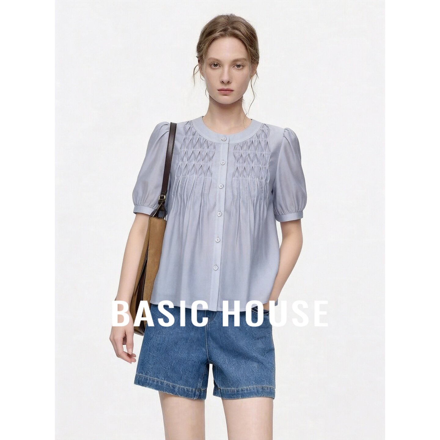 Basic House/百家好粉色圆领泡泡袖短袖衬衫抽褶设计韩版女装夏季