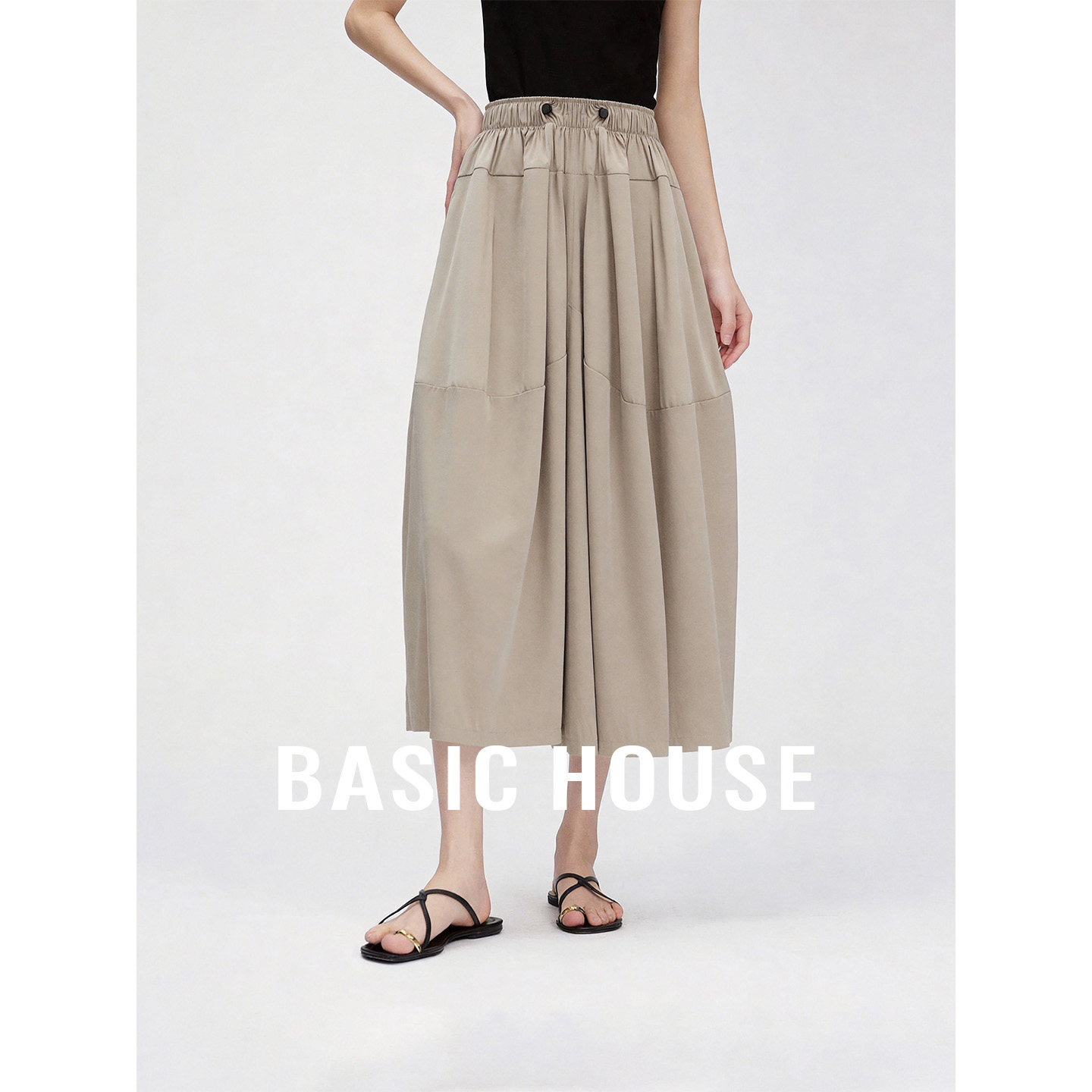 Basic House/百家好2026夏季纯色松紧腰九分裙裤A字阔腿休闲裤女