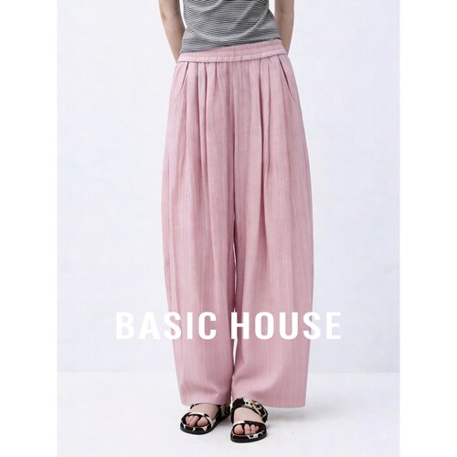 Basic House/百家好粉色阔腿裤女夏季高腰宽松压褶休闲裤韩版通勤