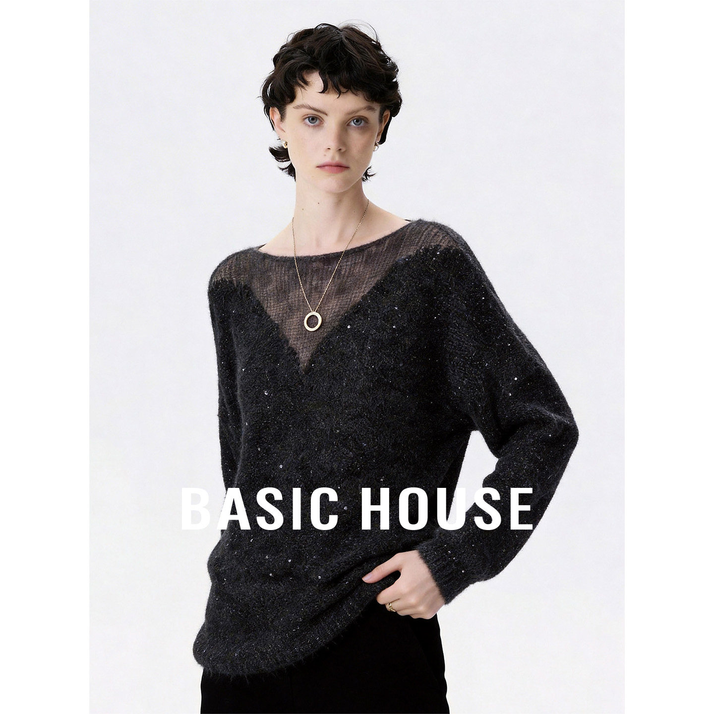 Basic House/百家好黑色圆领镂空亮片设计针织衫女秋季超好看上衣
