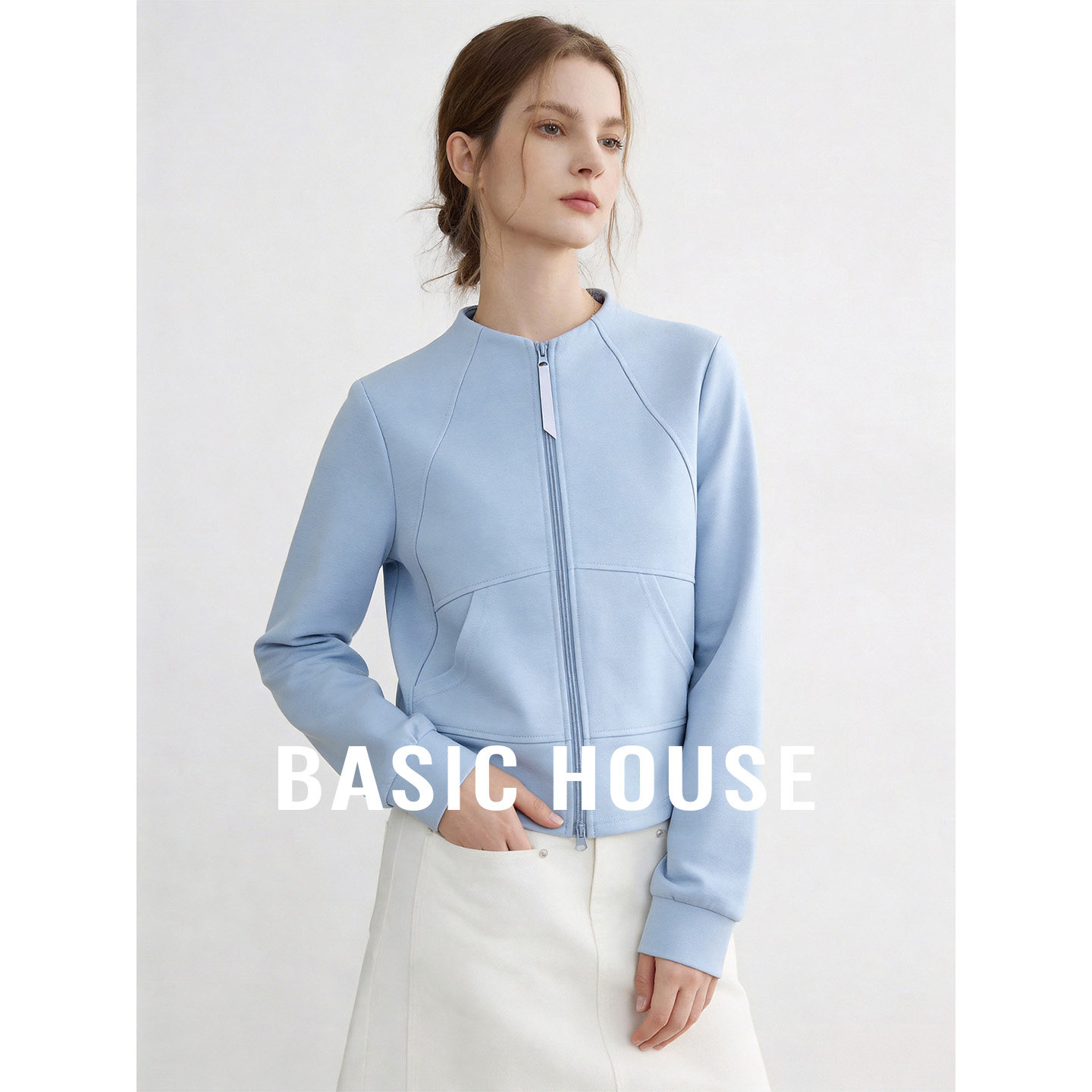 Basic House/百家好纯色拉链卫衣女2026春季宽松立领开衫短款外套