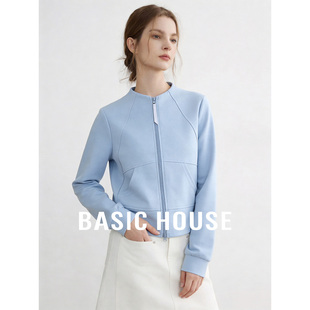Basic House/百家好纯色拉链卫衣女2026秋季宽松立领开衫短款外套