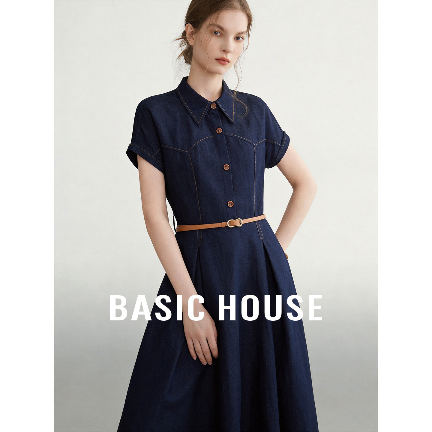 Basic House/百家好复古牛仔连衣裙女26夏季短袖收腰显瘦百搭长裙