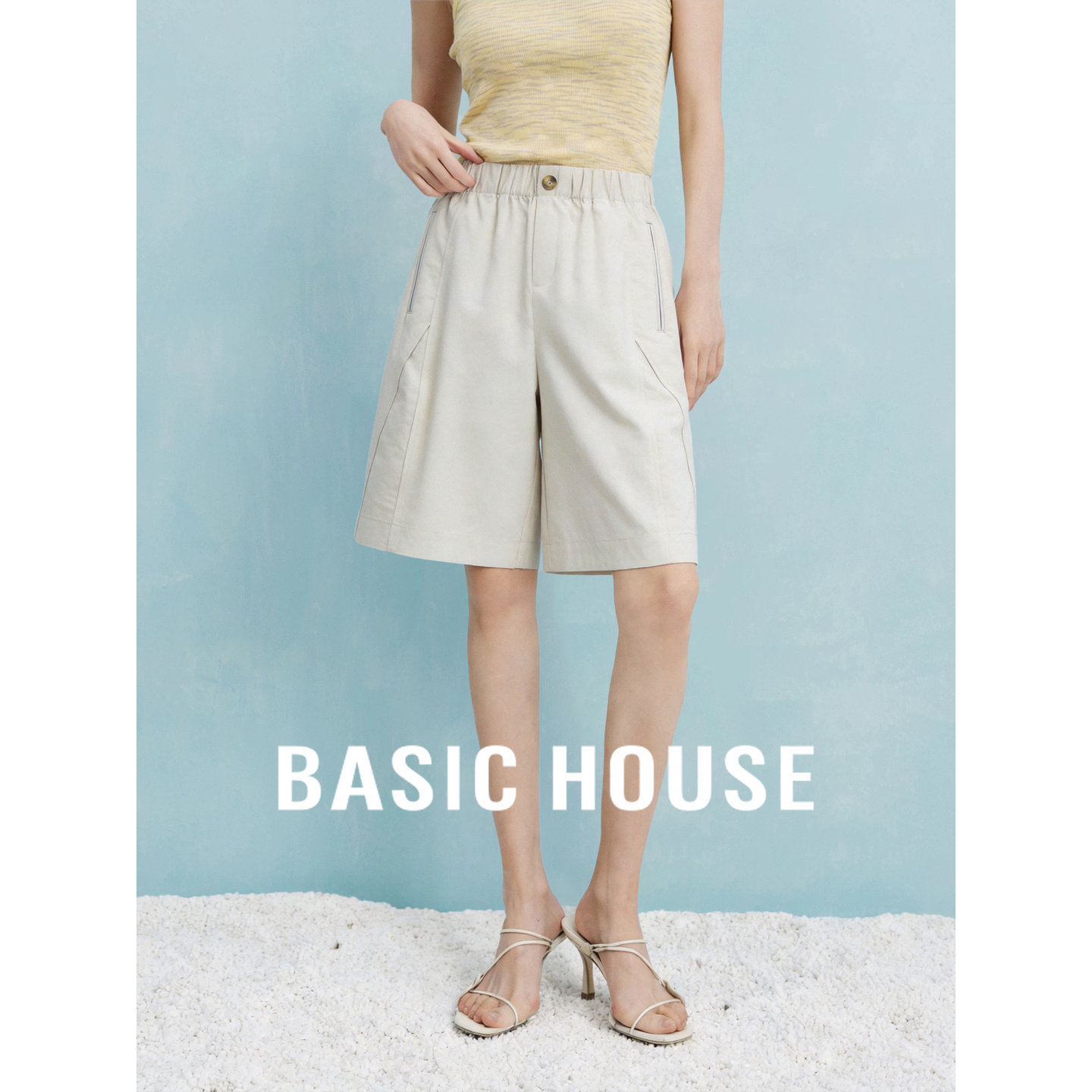 Basic House/百家好高腰宽松短裤女夏季舒适百搭微喇休闲裤极简风