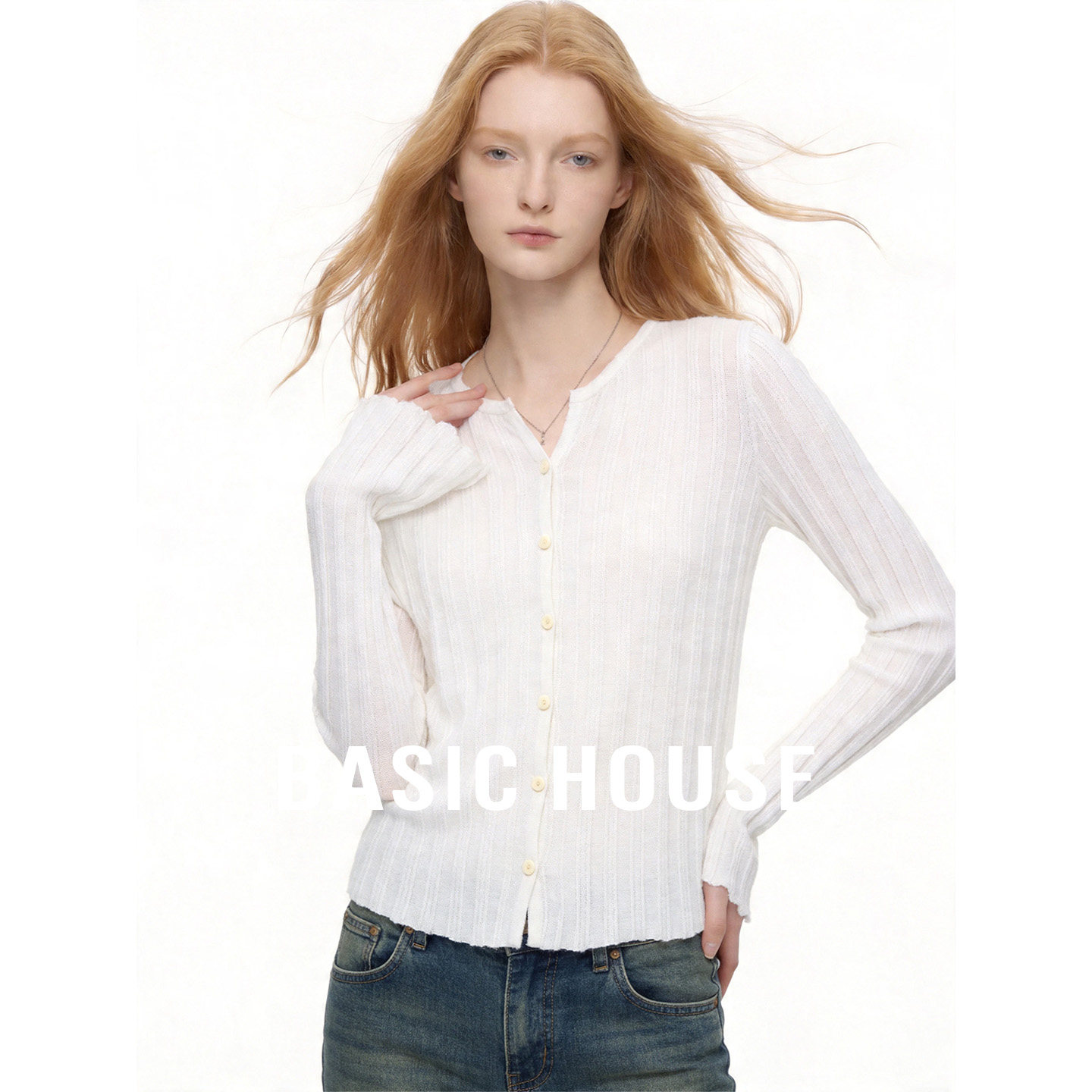 Basic House/百家好纯色简约单排扣针织开衫女夏季修身超好看外搭