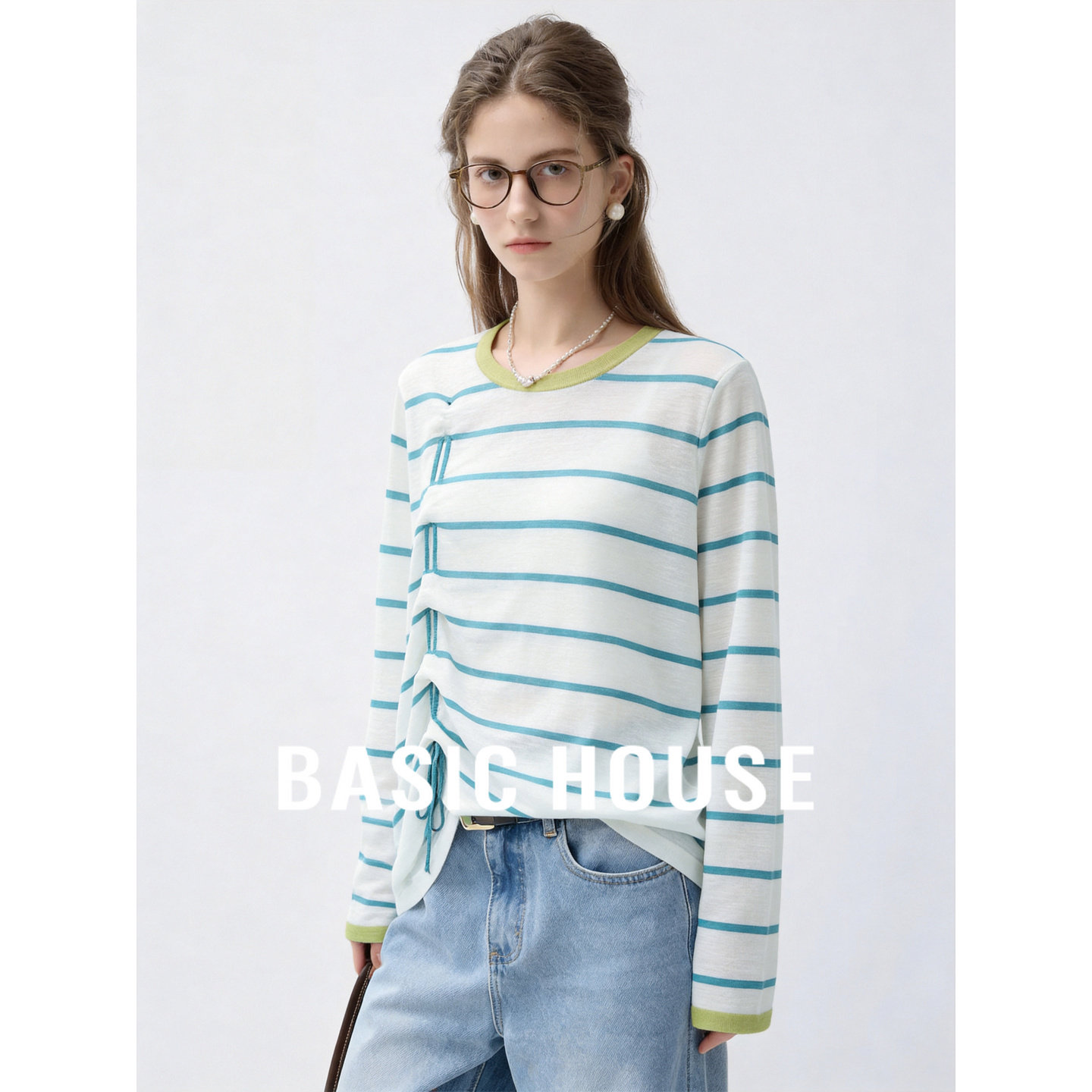 Basic House/百家好撞色条纹针织衫女秋季长袖轻薄款抽绳宽松上衣