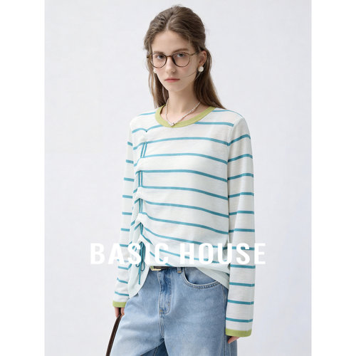Basic House/百家好撞色条纹针织衫女秋季长袖轻薄款抽绳宽松上衣
