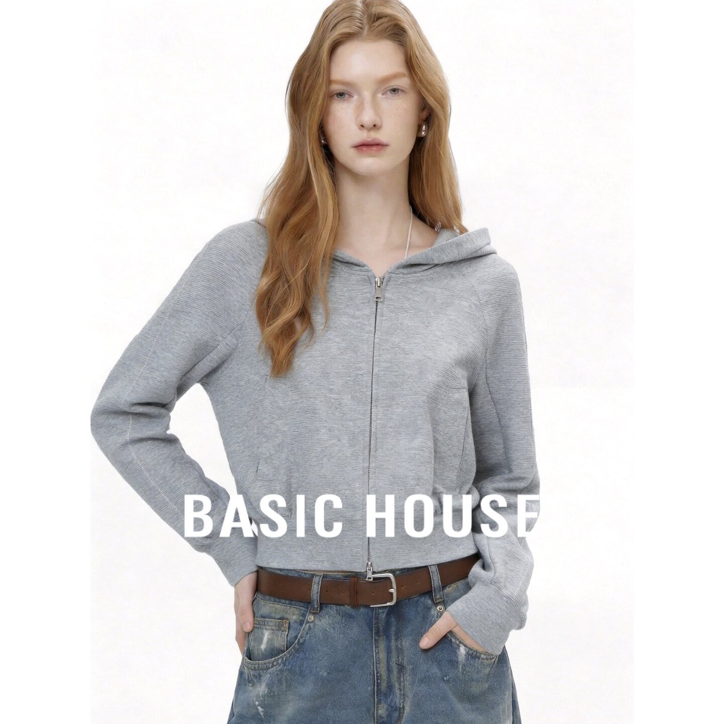 Basic House/百家好连帽拉链短款卫衣女宽松长袖秋季日常极简灰色
