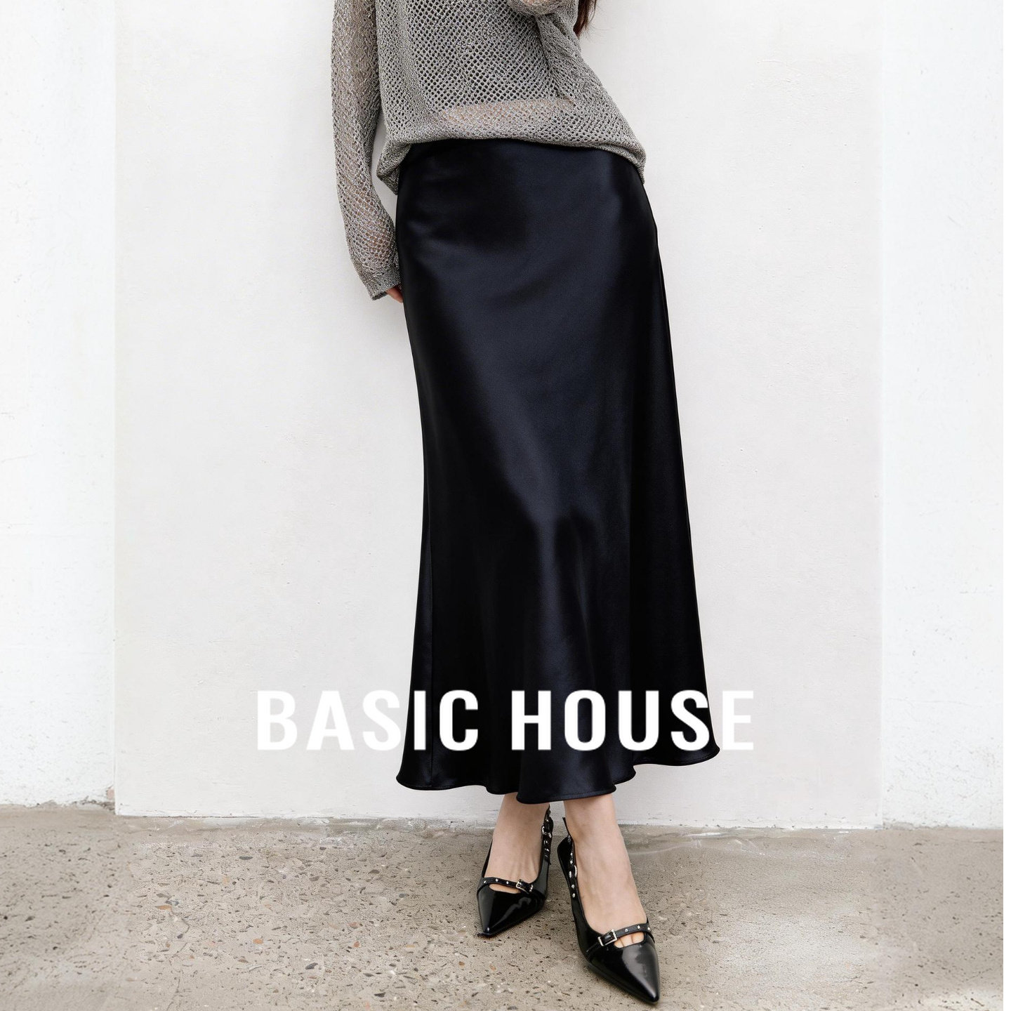 Basic House/百家好高腰垂感缎面鱼尾半身裙女秋季优雅显瘦长裙