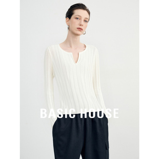 长袖 Basic 薄款 百家好慵懒风桑蚕丝v领白色羊毛针织衫 上衣 House