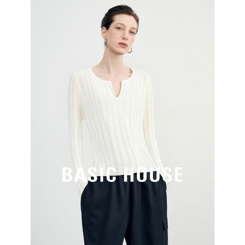 Basic House/百家好慵懒风桑蚕丝v领白色羊毛针织衫薄款长袖上衣