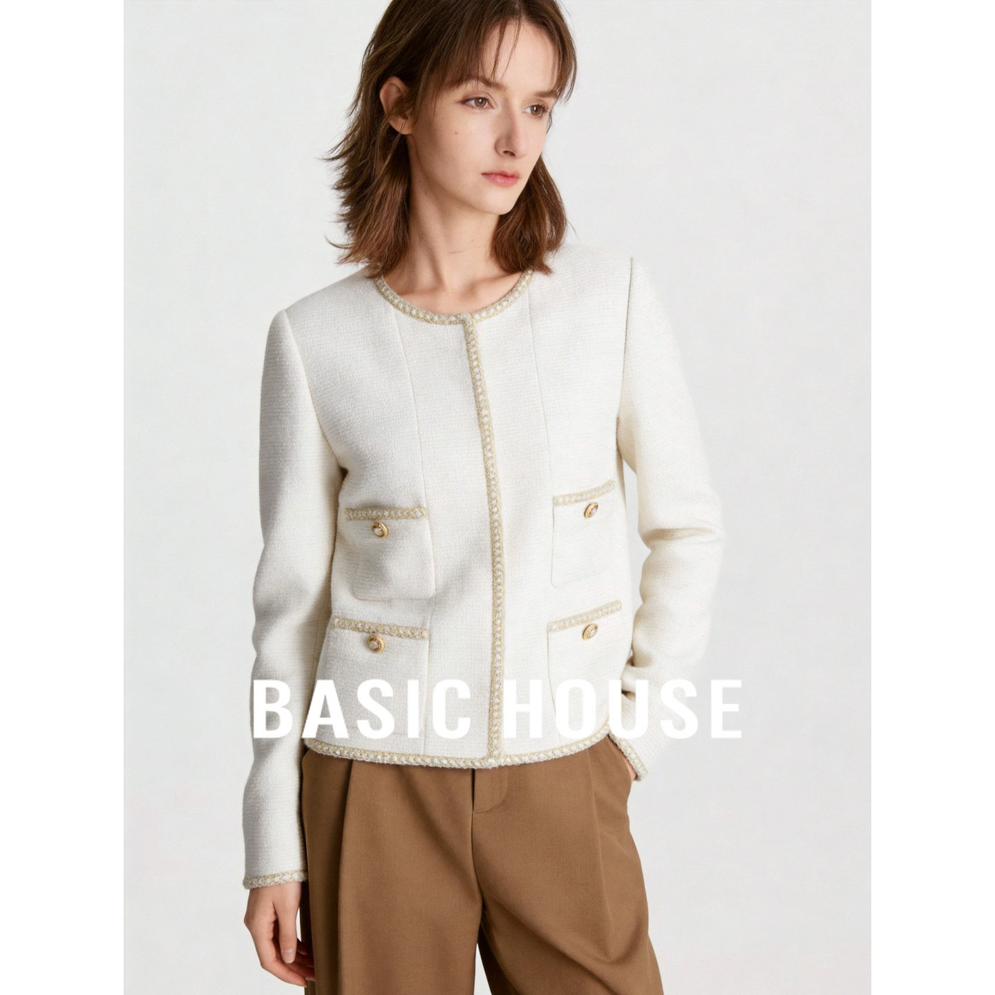 Basic House/百家好小香风白色短外套女金属扣圆领气质百搭外套