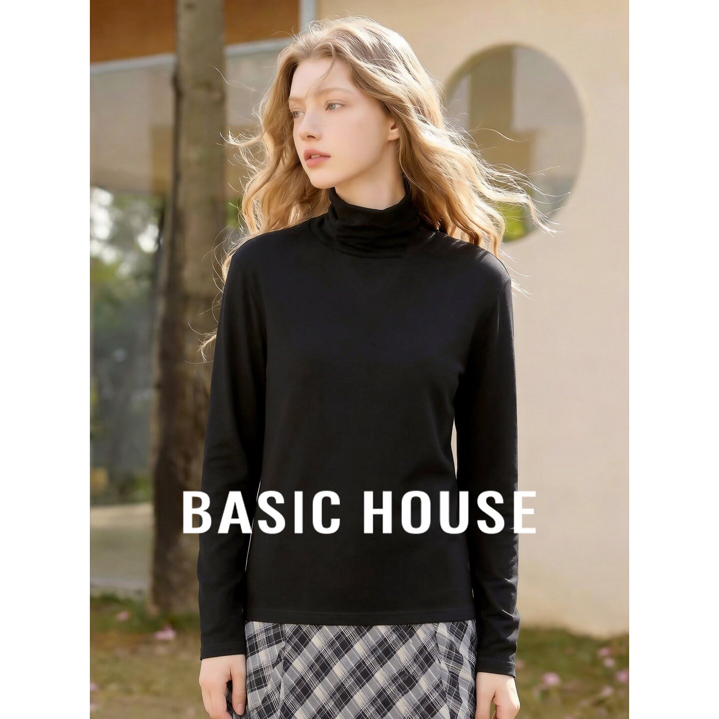 Basic House/百家好极简黑色半高领堆领长袖T恤女秋显瘦纯色上衣