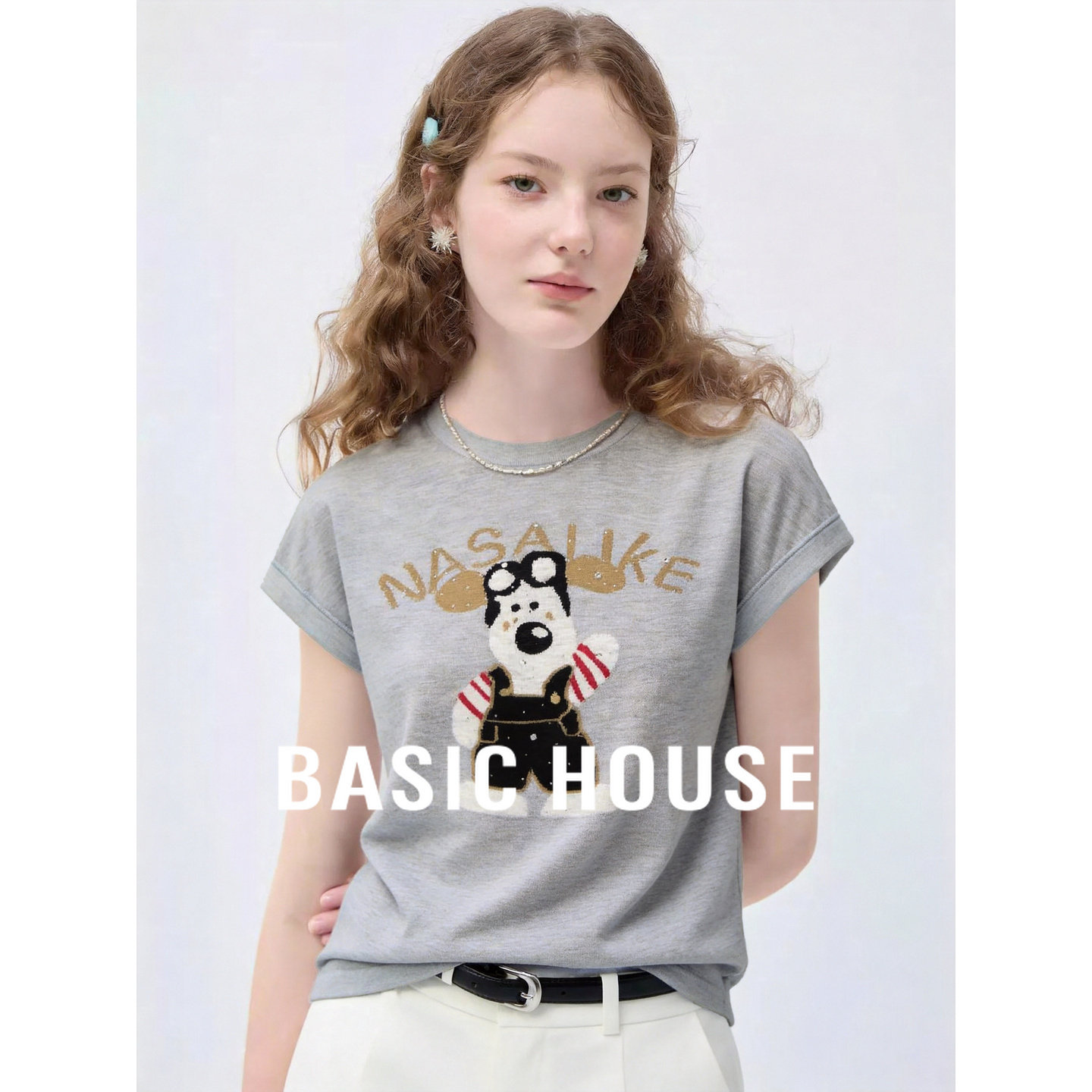 Basic House/百家好轻薄透气短袖卷边针织衫女26夏季灰色圆领上衣