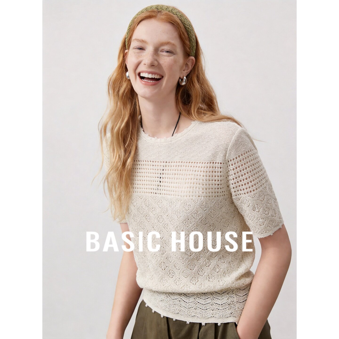 Basic House/百家好莱赛尔亚麻米色镂空针织衫女短袖百搭透气T恤