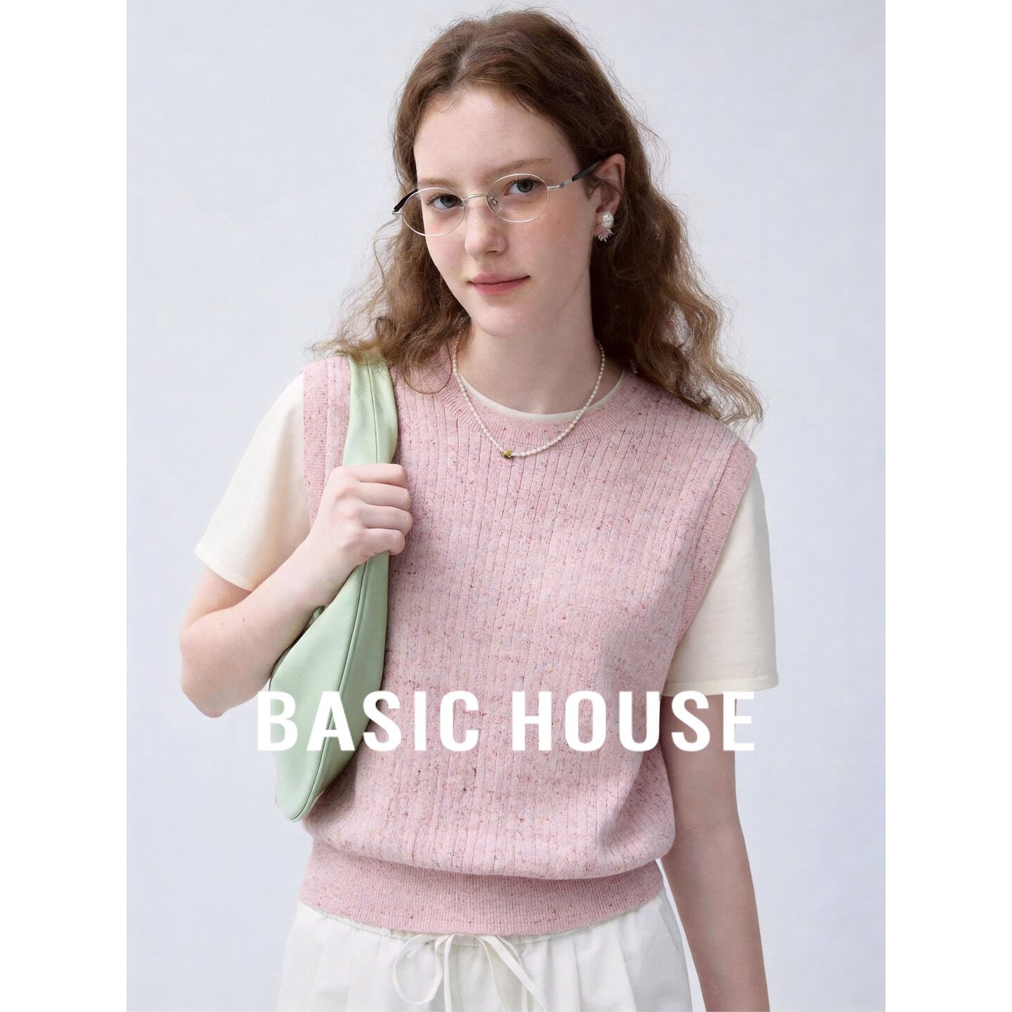 Basic House/百家好粉色羊毛针织衫女秋圆领宽松套头拼接上衣韩版