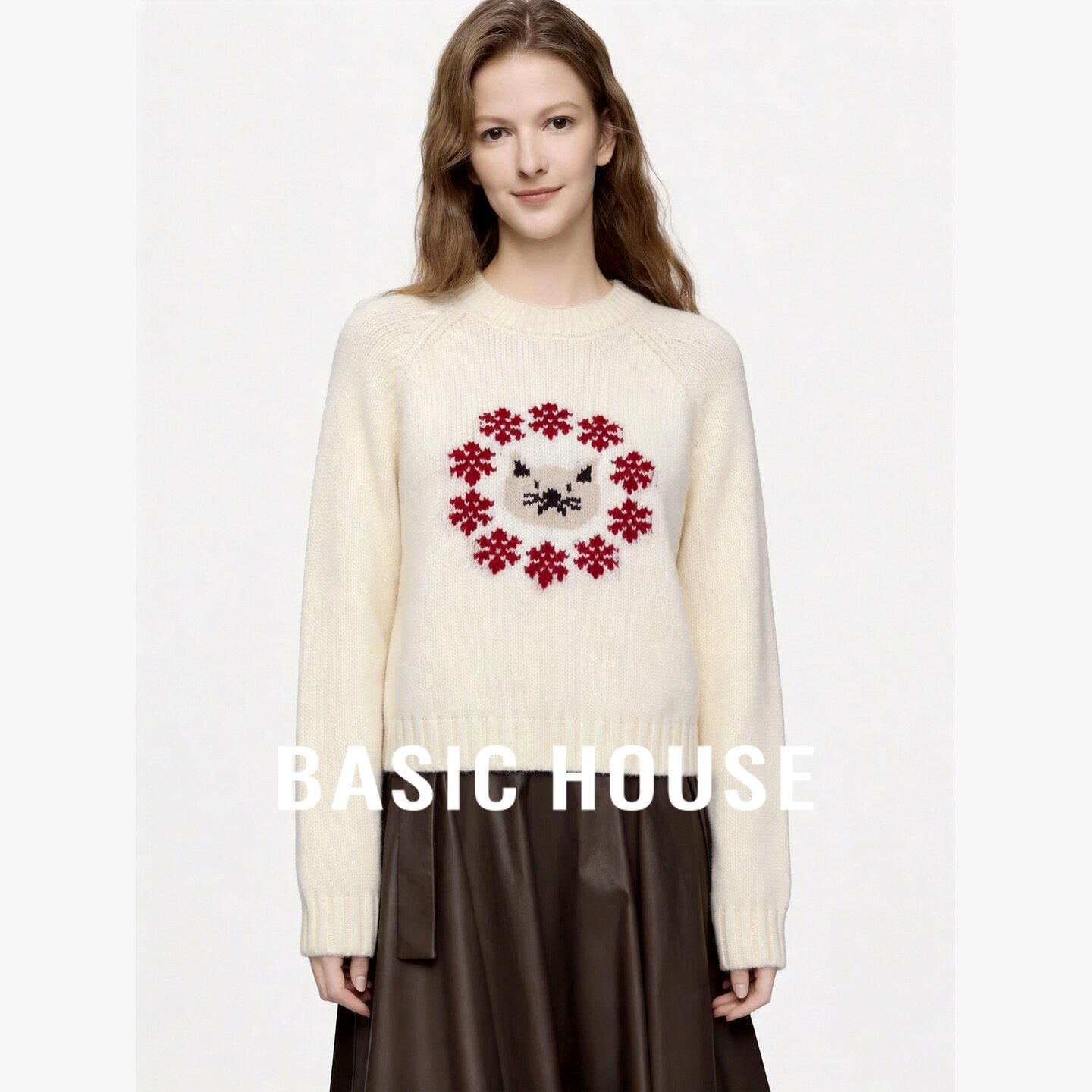 Basic House/百家好可爱休闲猫咪雪花提花毛衣女圆头减龄针织上衣