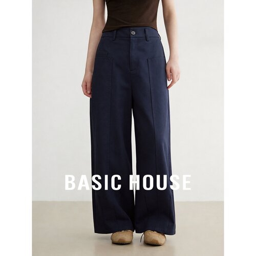 Basic House/百家好藏青色高腰阔腿裤女夏时尚宽松显瘦百搭休闲裤