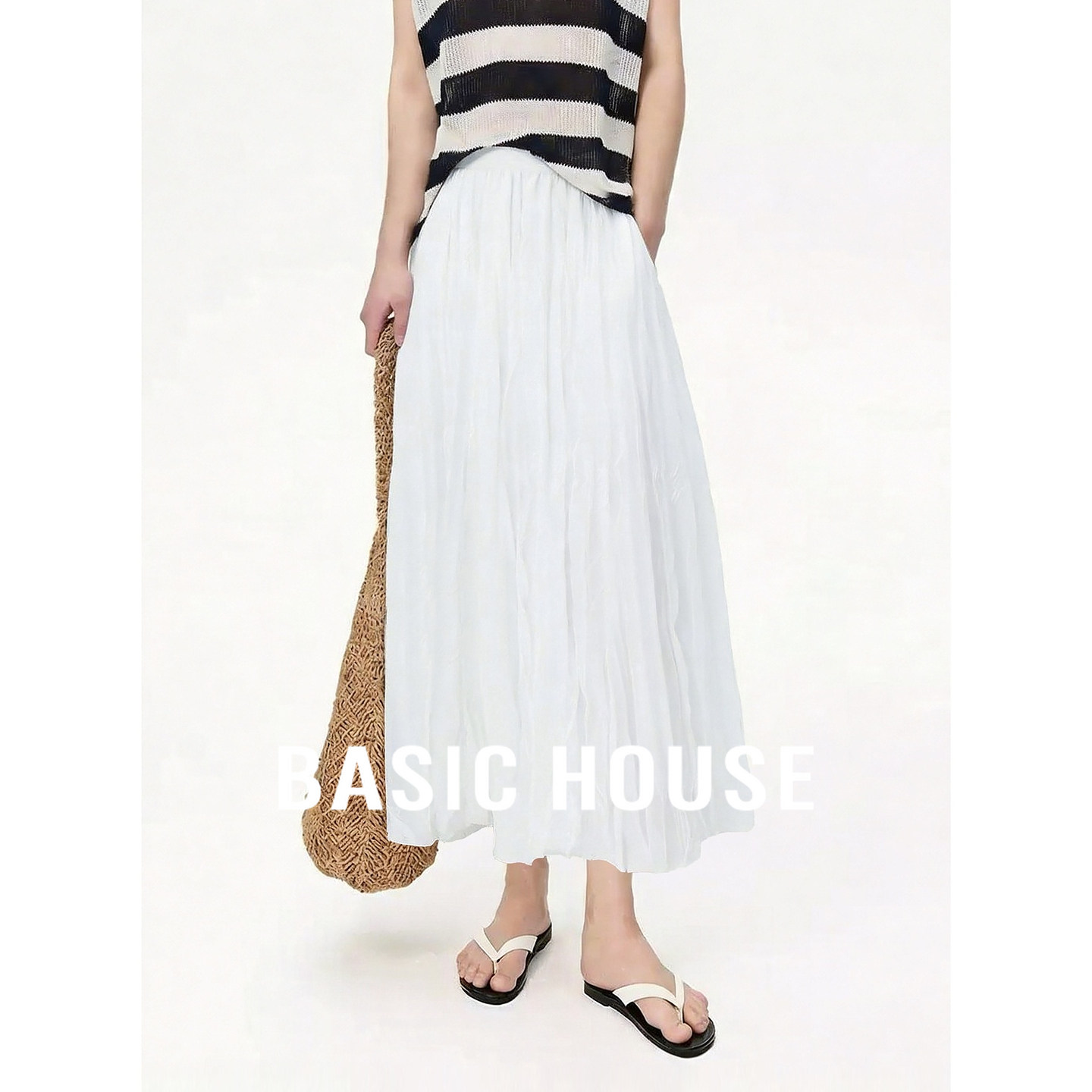 Basic House/百家好极简风白色褶皱半身裙女夏季亚麻中长款A字裙