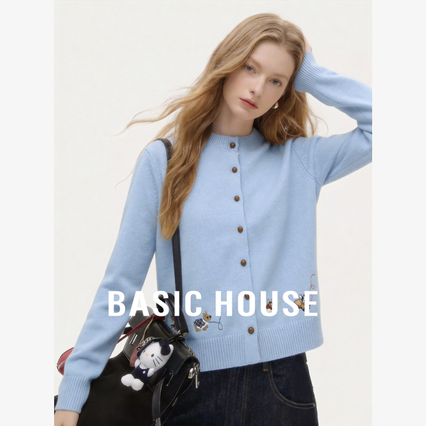 Basic House/百家好松弛感圆领针织开衫女多纽扣毛衣温柔慵懒外套