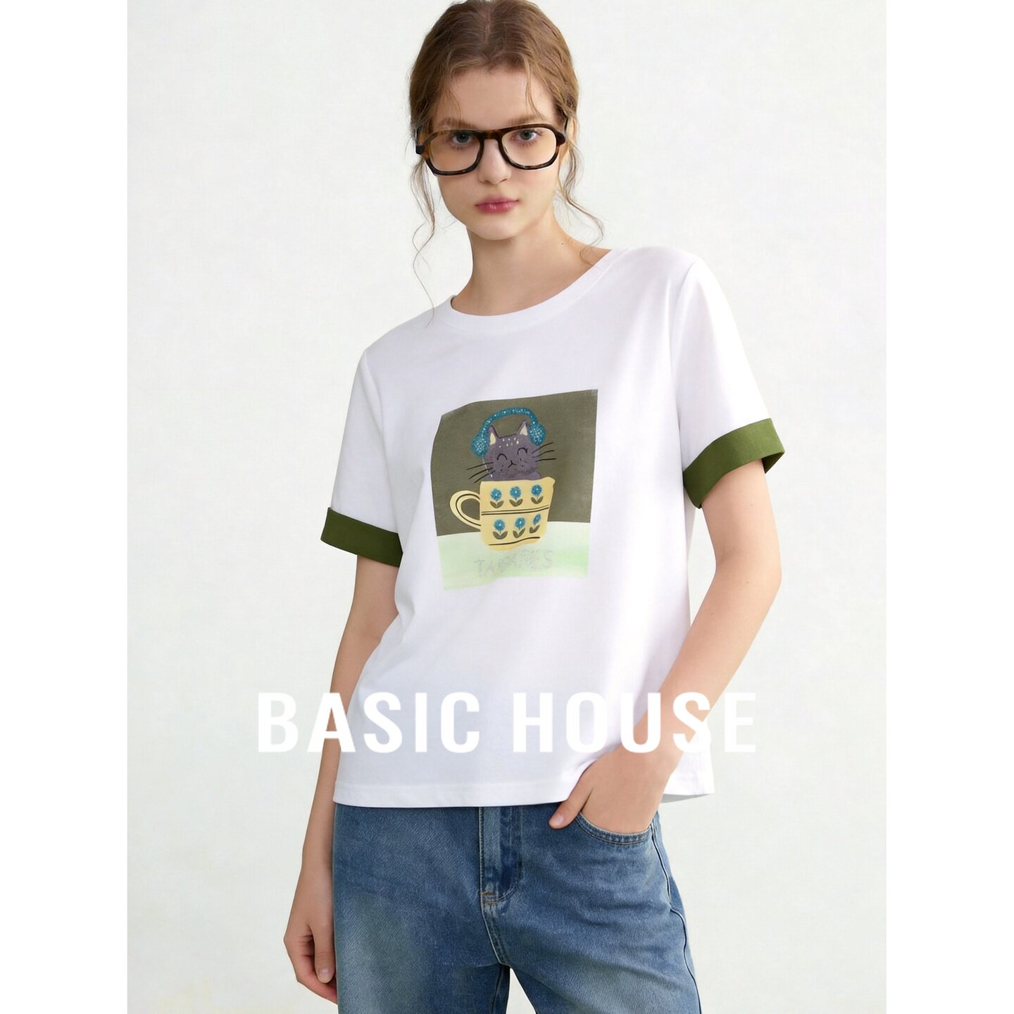 Basic House/百家好白色圆领短袖T恤女2026夏季撞色袖口休闲上衣