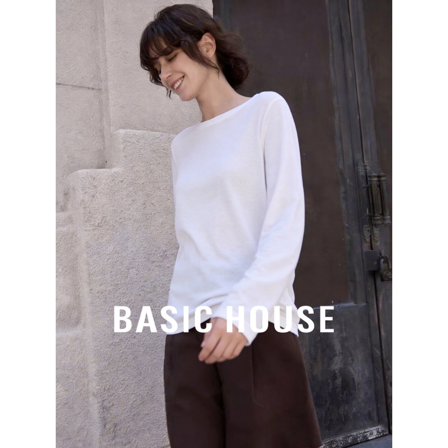 Basic House/百家好白色亚麻长袖T恤女夏季简约纯色透气圆领上衣
