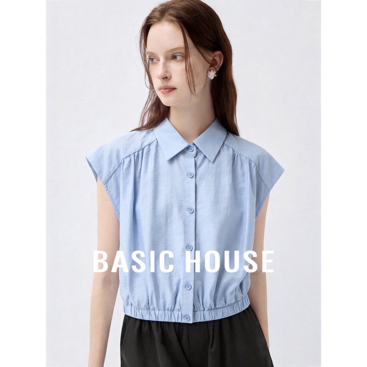 Basic House/百家好通勤风无袖翻领衬衫女夏收腰抽褶韩版百搭新款