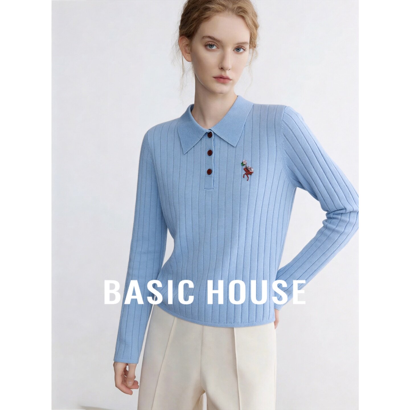 Basic House/百家好Polo领螺纹短款经典款长袖女韩版通勤针织衫