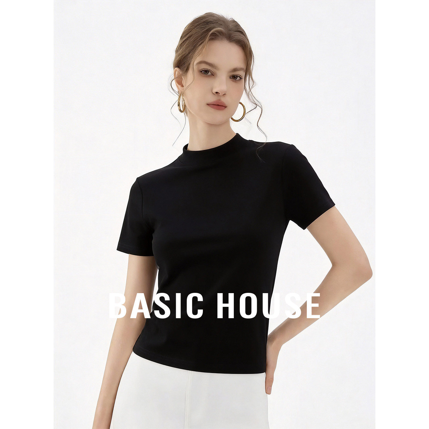 Basic House/百家好纯色半高领短袖T恤夏季百搭基础短款内搭打底