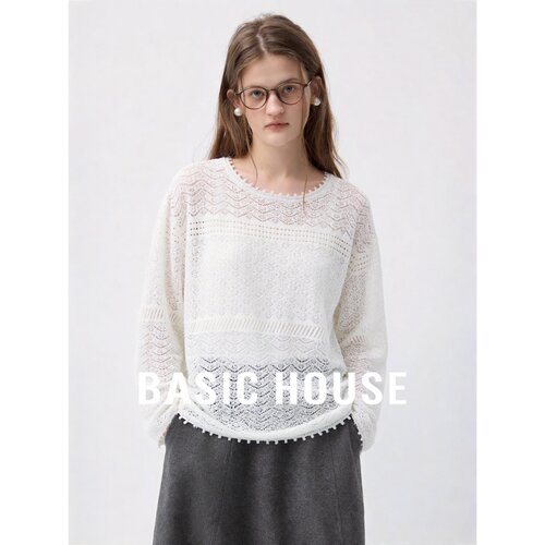 Basic House/百家好慵懒风镂空针织衫女长袖防晒罩衫设计感上衣