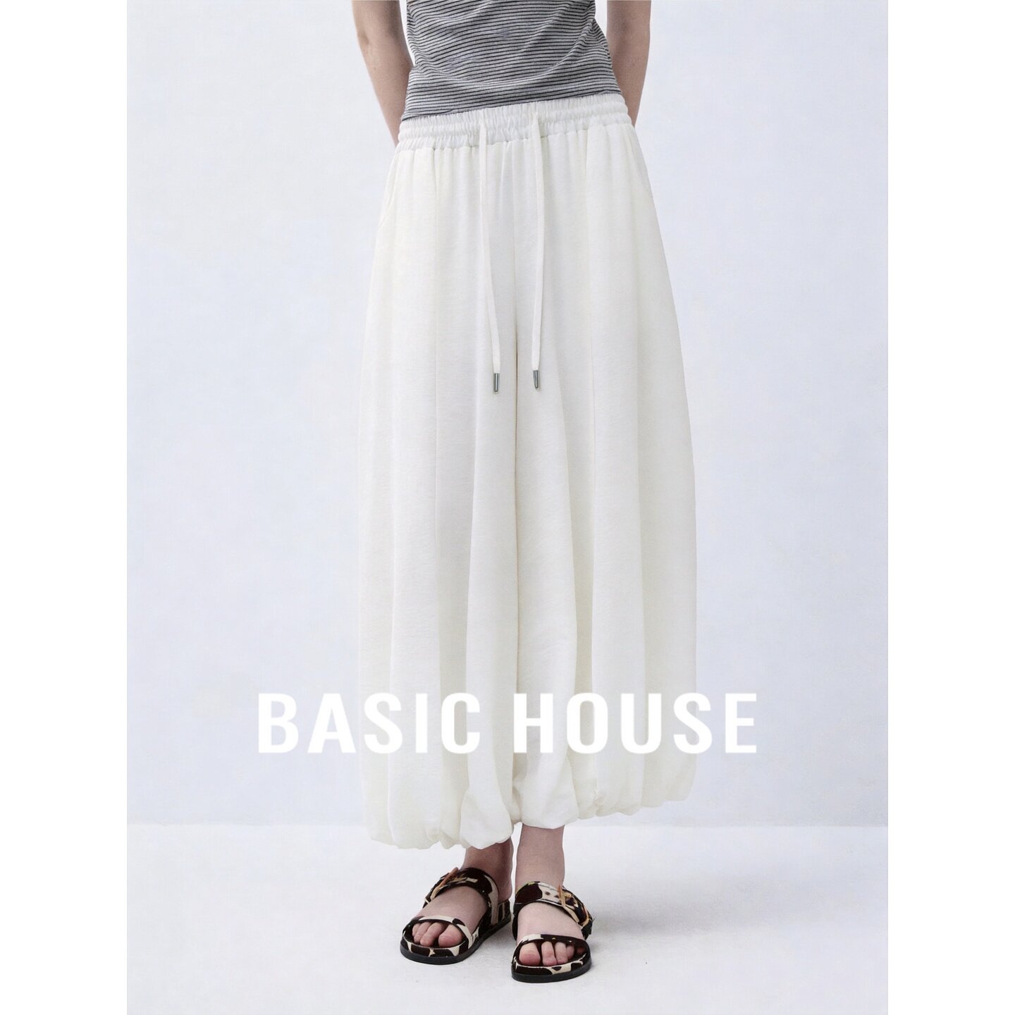 Basic House/百家好高腰阔腿裤女夏季新款白色宽松休闲百搭灯笼裤