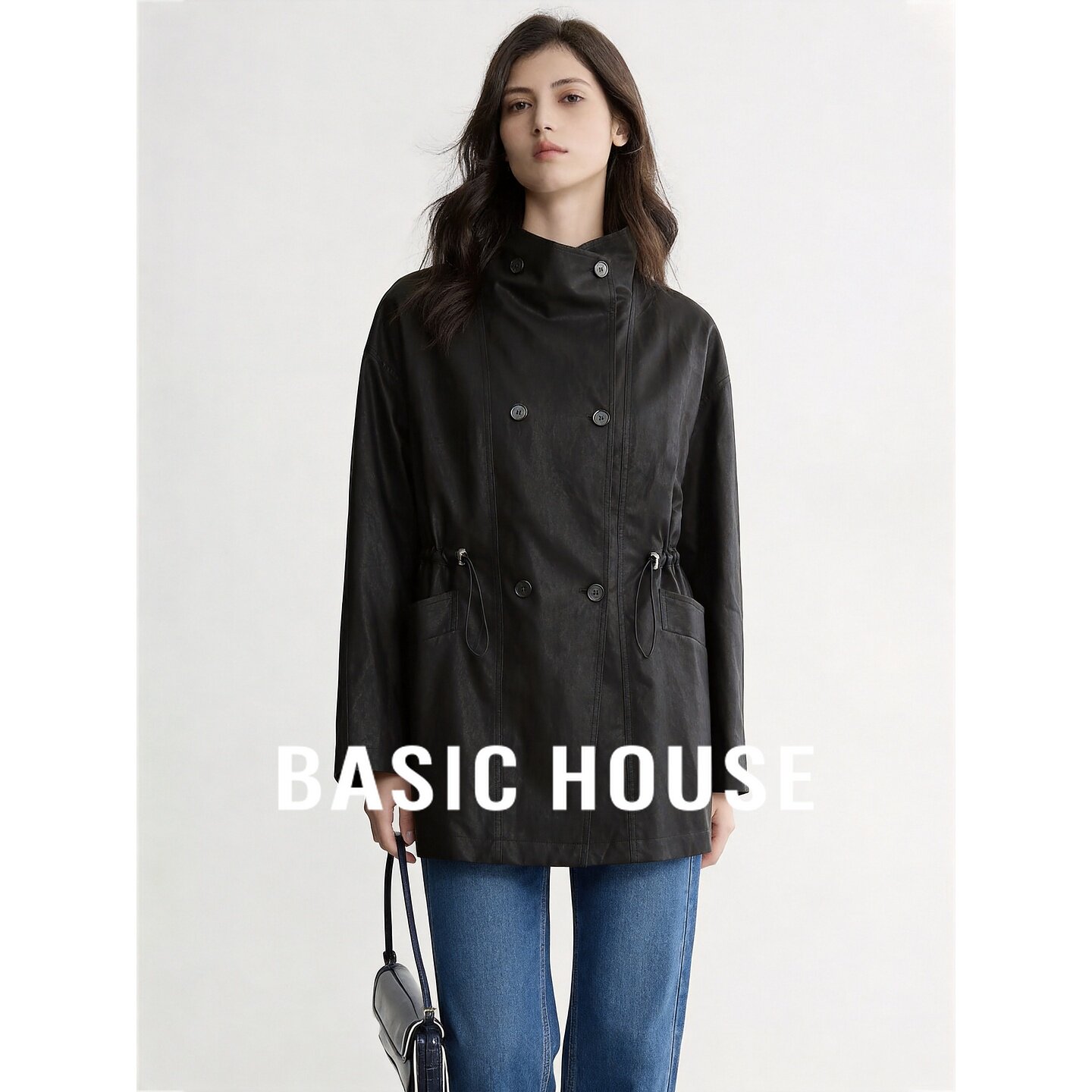 Basic House/百家好复古立领双排扣皮衣女秋季中长款黑色收腰外套