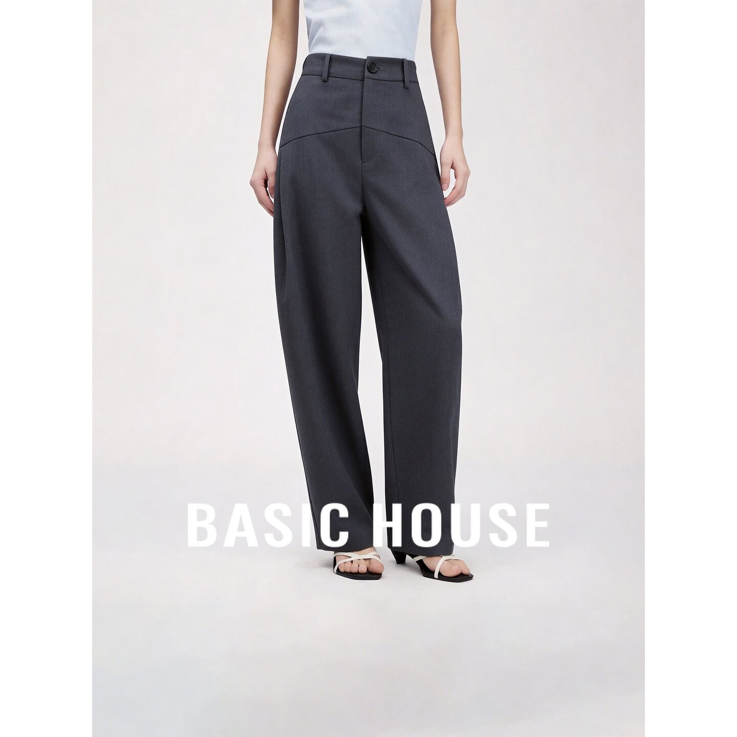 Basic House/百家好高级灰高腰阔腿萝卜裤女宽松直筒百搭休闲裤