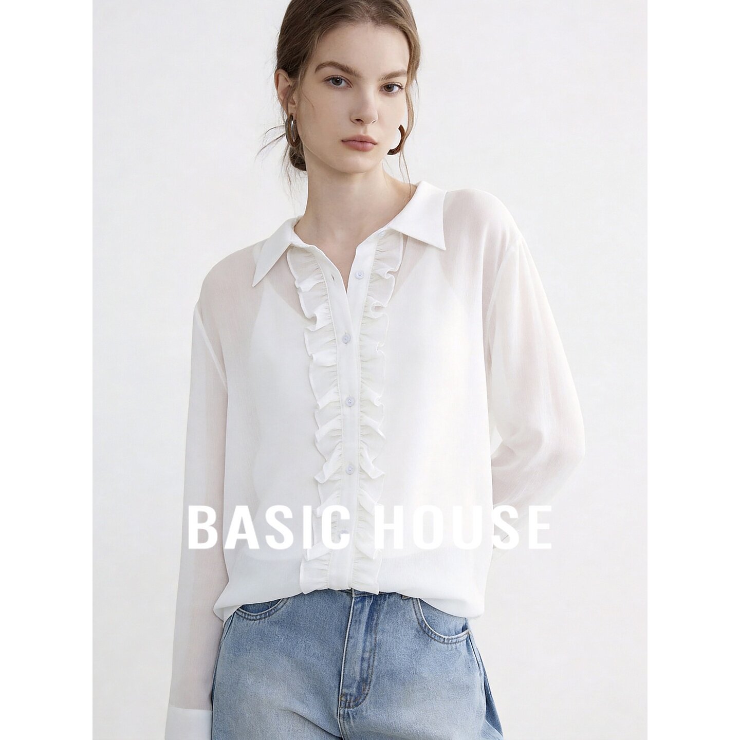 Basic House/百家好法式气质木耳边白色长袖衬衫女百搭高级感上衣