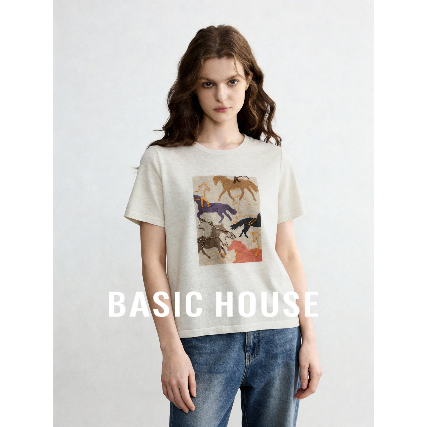 Basic House/百家好圆领卡通马图案短袖针织衫女夏季宽松休闲T恤