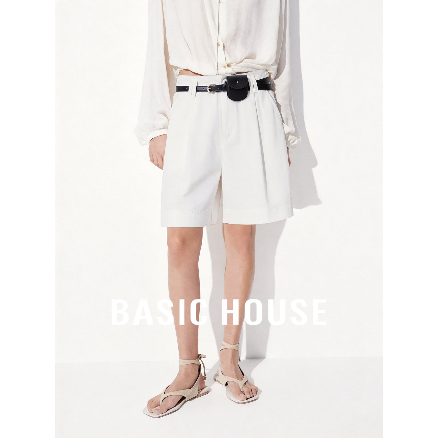 Basic House/百家好通勤亚麻五分裤女士夏季轻薄透气显瘦休闲短裤