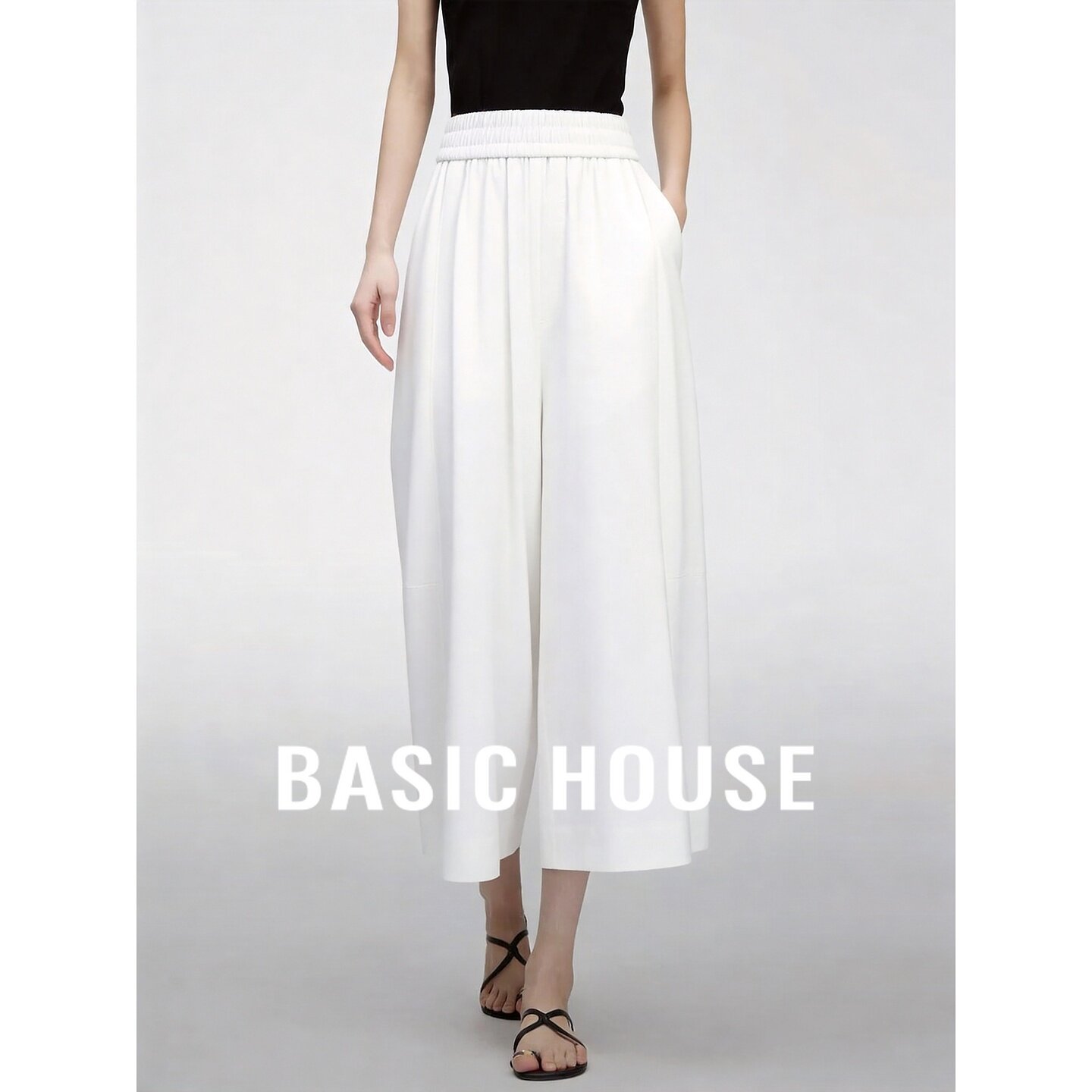 Basic House/百家好莱赛尔白色阔腿九分裤女夏宽松遮肉直筒休闲裤