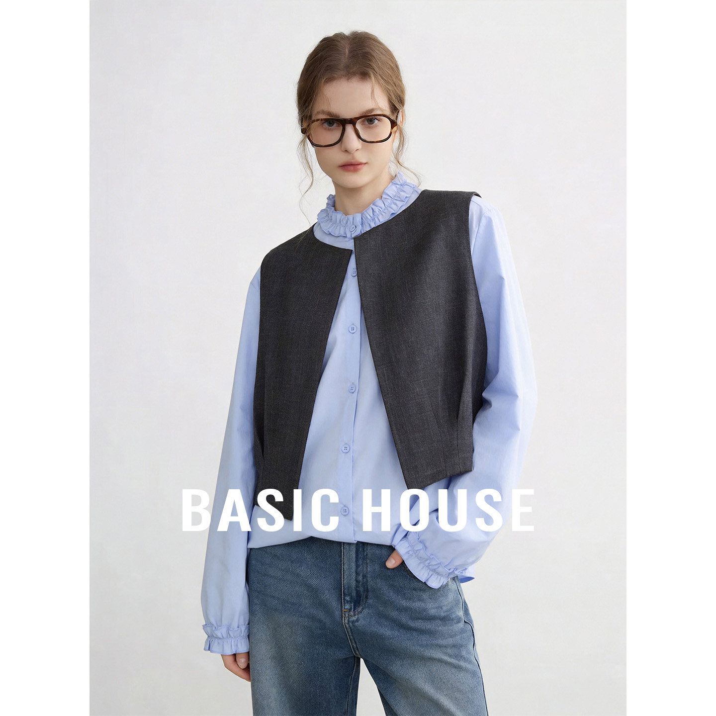 Basic House/百家好花边领衬衫收腰西装马甲秋季新款学院风两件套