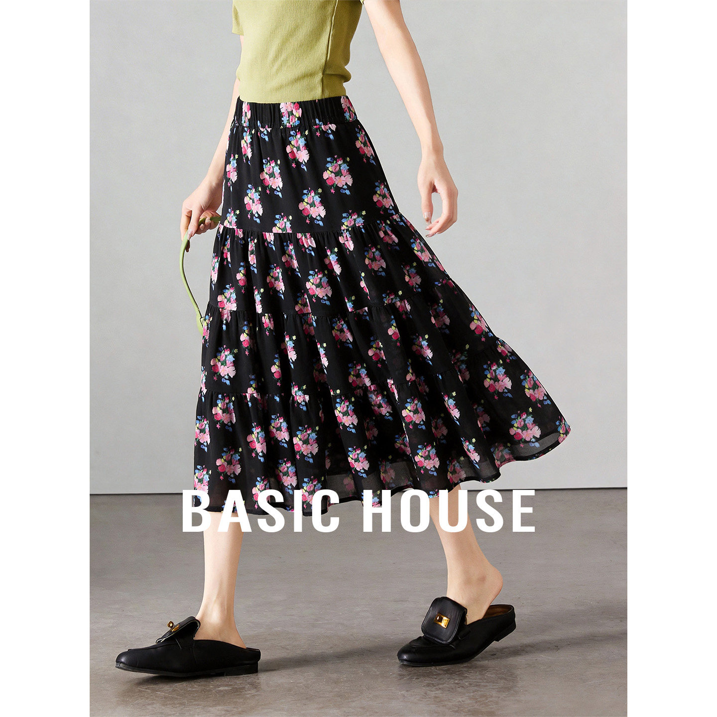 Basic House/百家好复古碎花松紧腰半身裙新款气质A字中长款裙子