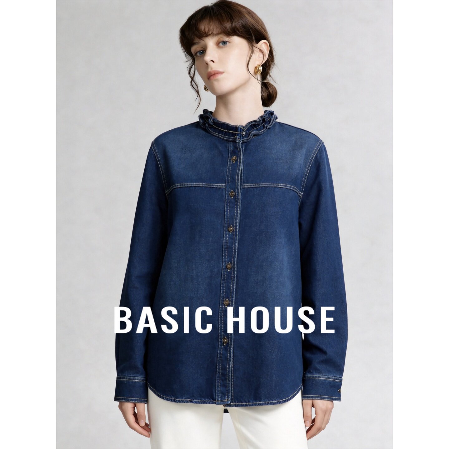 Basic House/百家好复古木耳边立领长袖牛仔衬衫女显瘦设计感上衣
