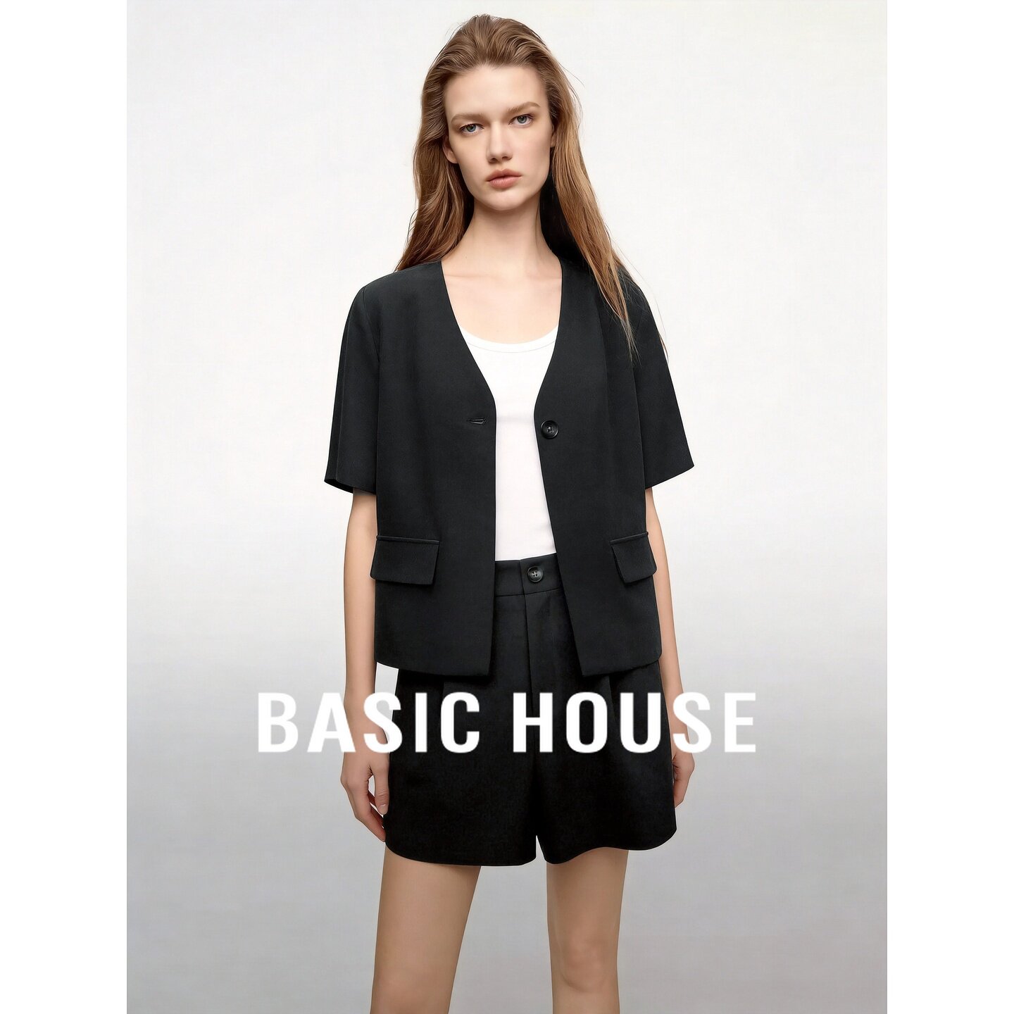Basic House/百家好短袖西装外套直筒短裤套装女夏职场穿搭两件套