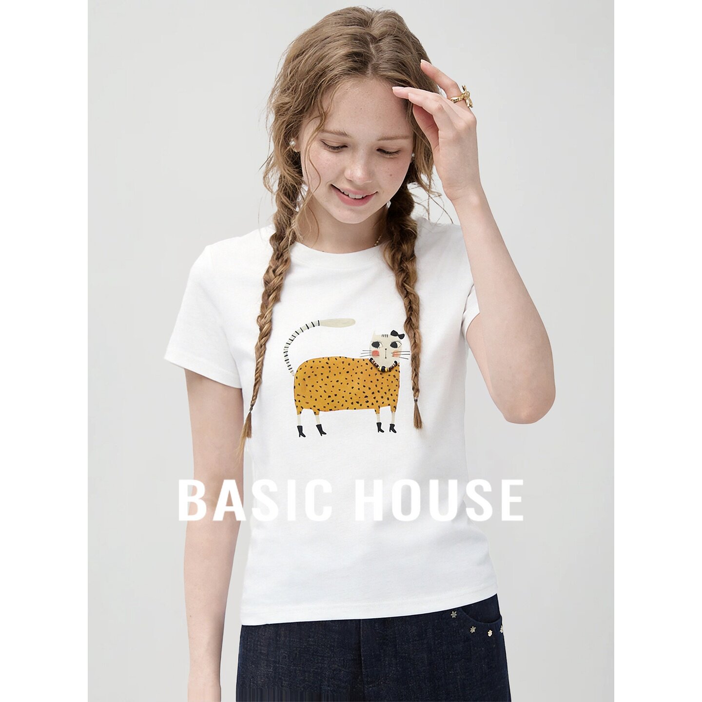 Basic House/百家好卡通猫咪印花短袖T恤女夏小众设计感白色上衣