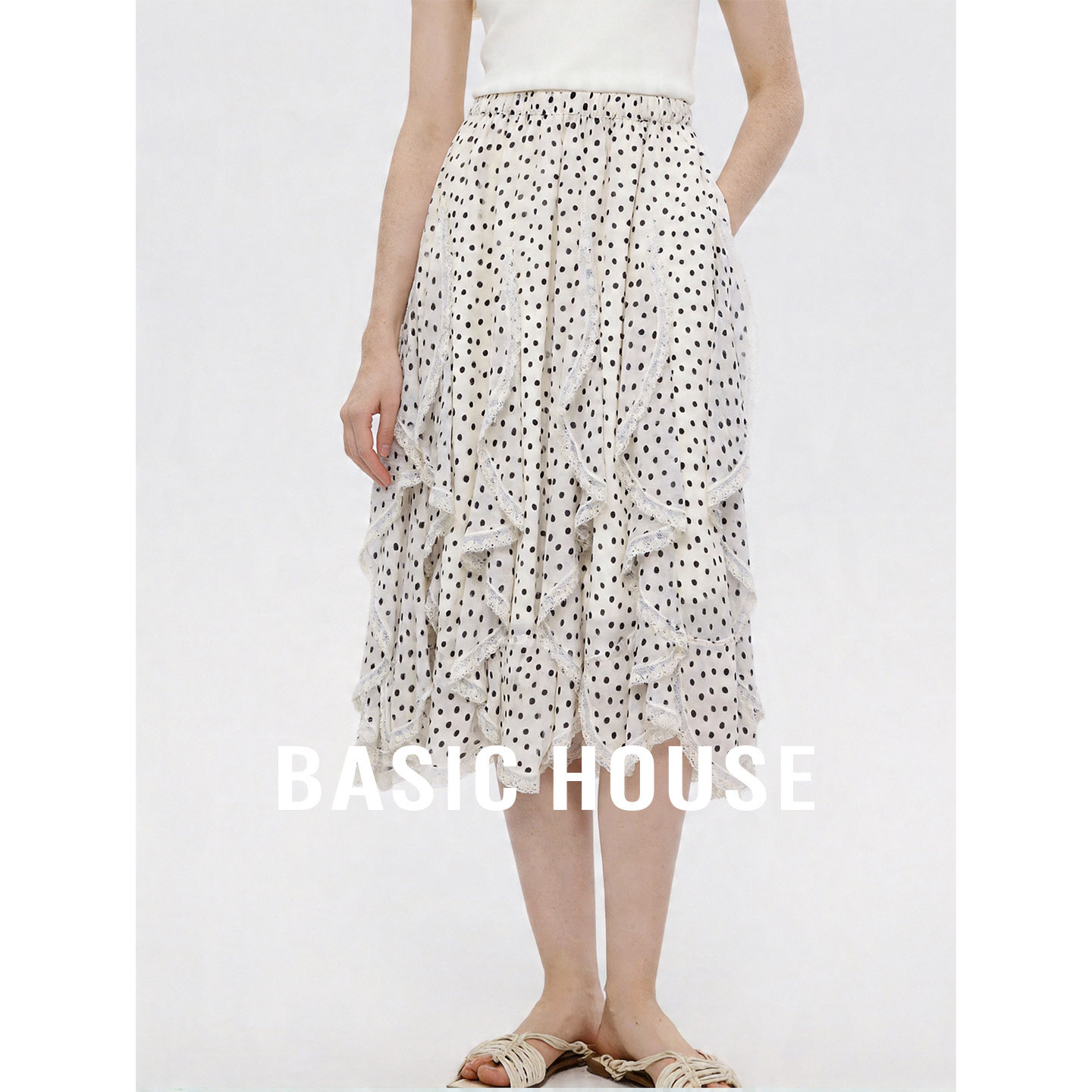Basic House/百家好2026夏季波点小众设计感半身裙女不规则中长裙