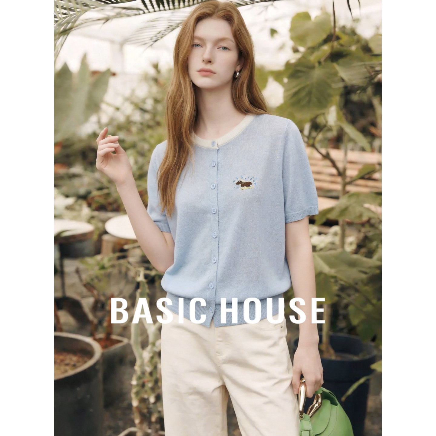 Basic House/百家好卡通刺绣短袖针织开衫女夏季蓝色圆领休闲上衣