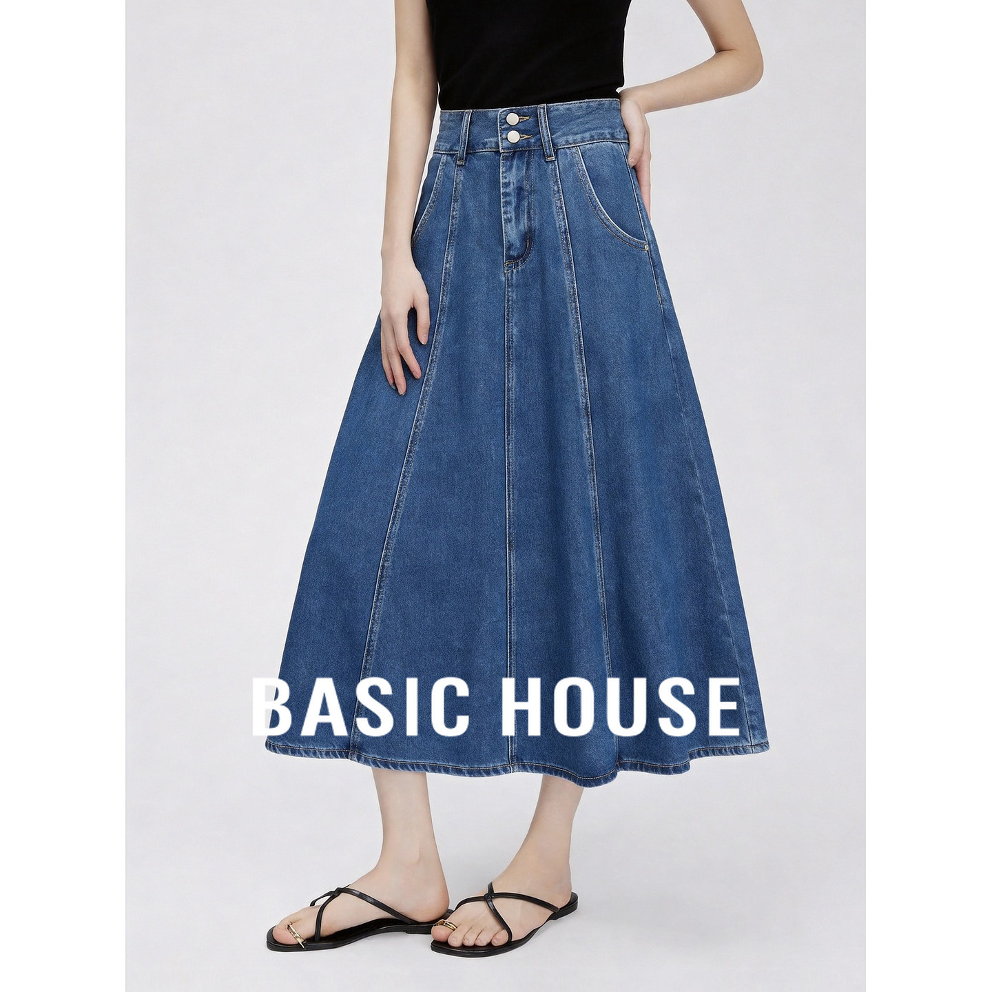 Basic House/百家好牛仔风高腰A字半身裙女百搭设计感蓝色裙子
