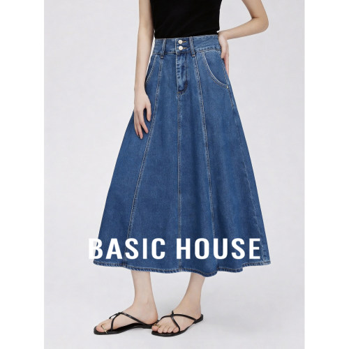 Basic House/百家好牛仔风高腰A字半身裙女百搭设计感蓝色裙子