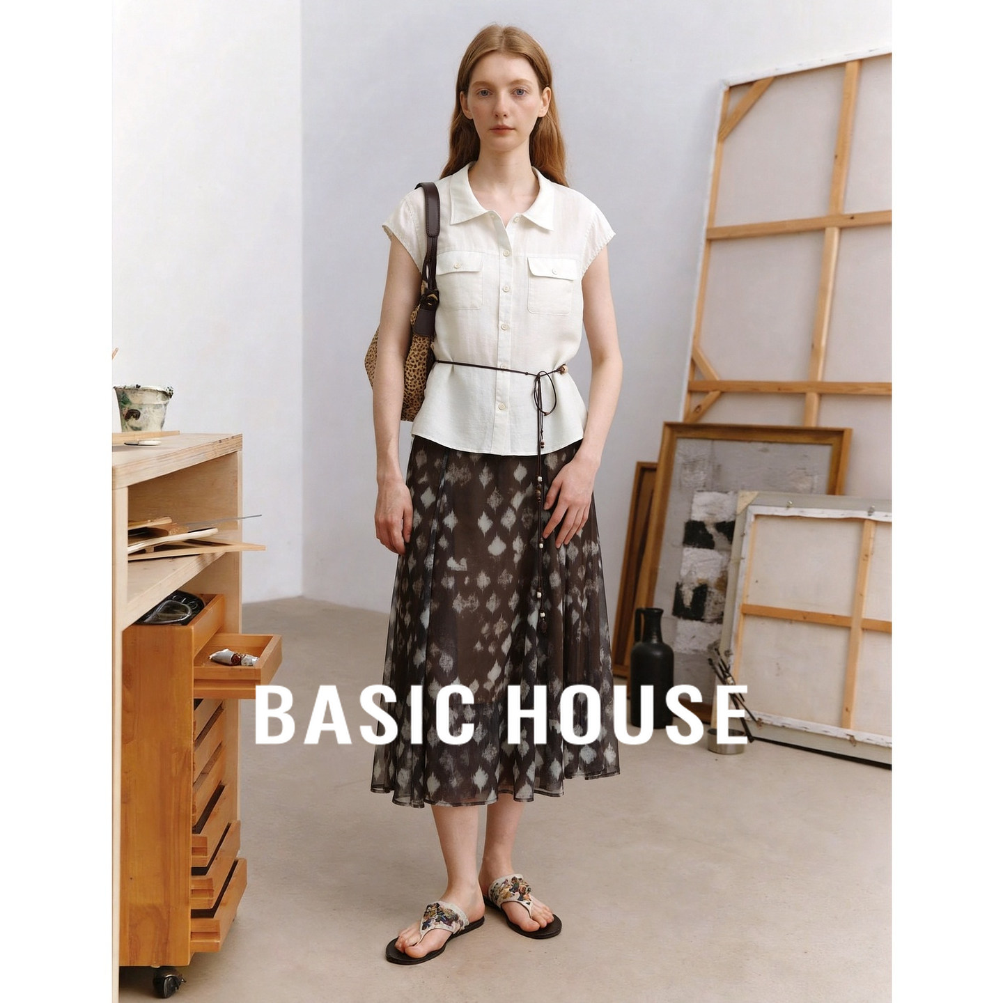 Basic House/百家好轻熟优雅风衬衫半身裙套装女夏气质收腰碎花