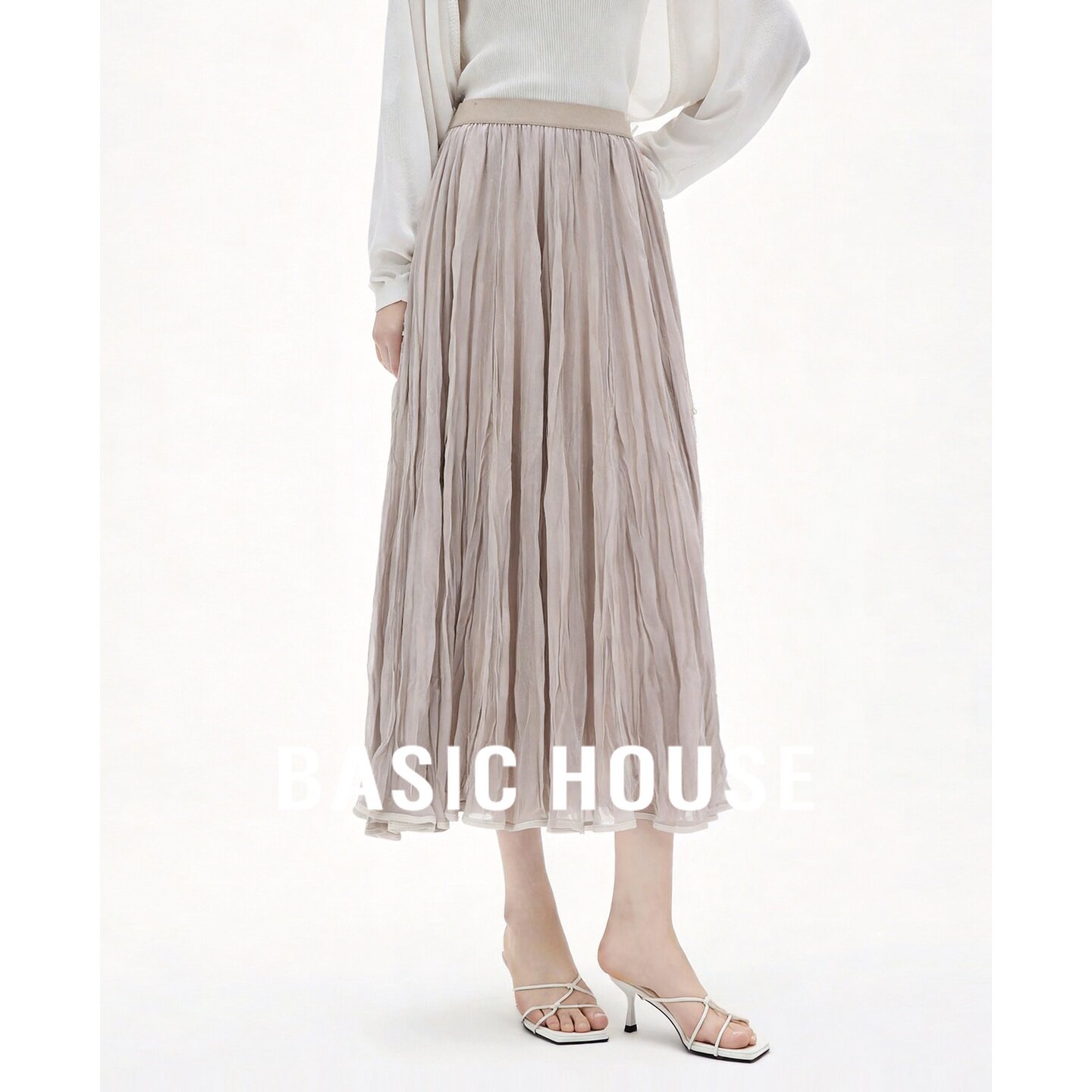 Basic House/百家好藕色优雅高腰中长款纱网拼接褶皱日常半身裙女