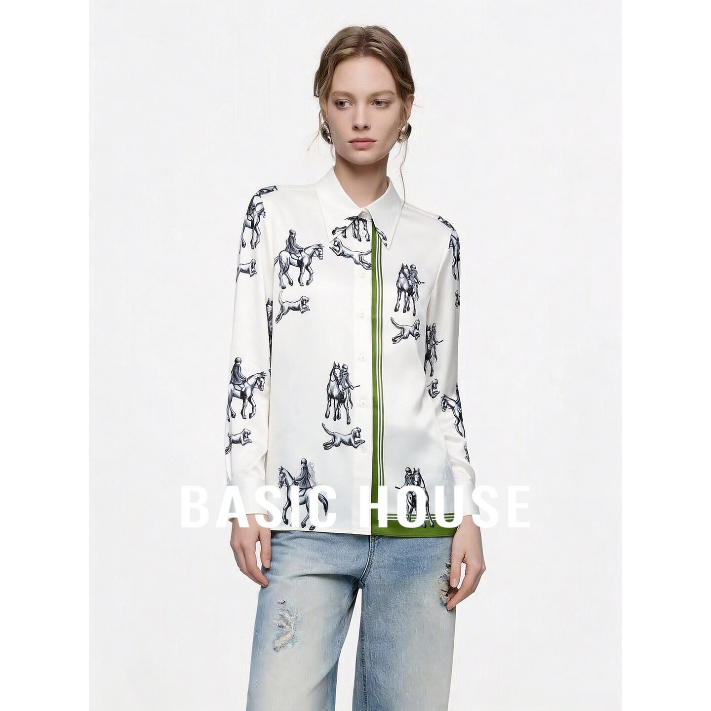 Basic House/百家好设计感桑蚕丝印花衬衫女长袖宽松小马图案上衣